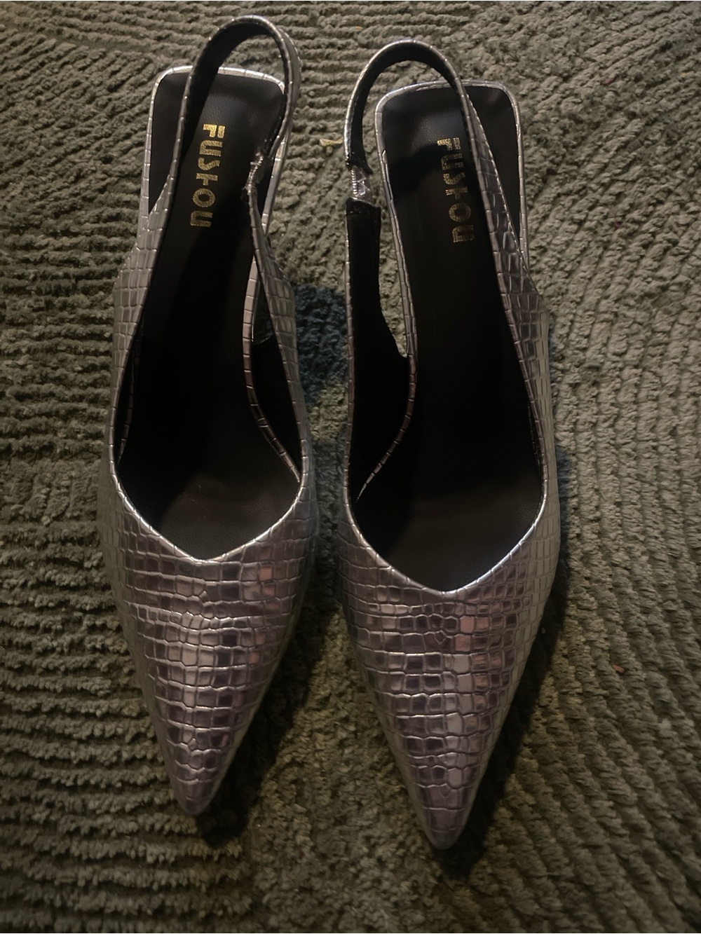 Metallic Croc-Embossed Pointed Slingback Heels - Silver